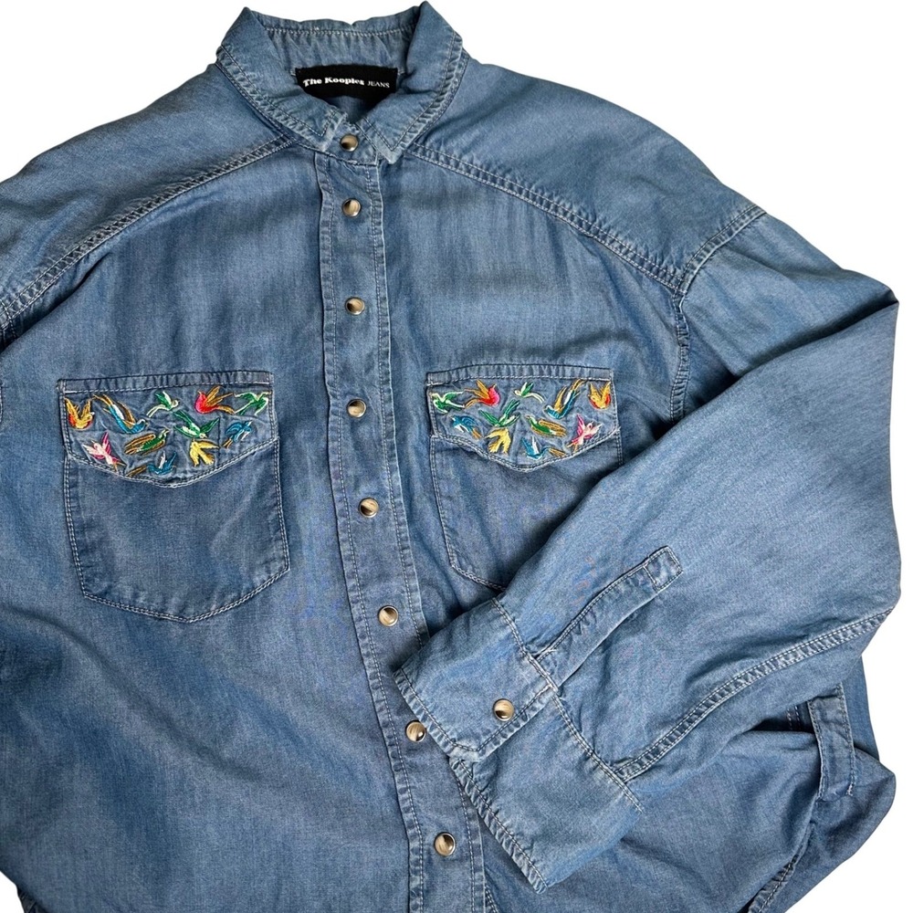 The Kooples Jeans Shirt Women S Blue Embroidered Bird Lyocell Snap Front Western - Picture 12 of 15